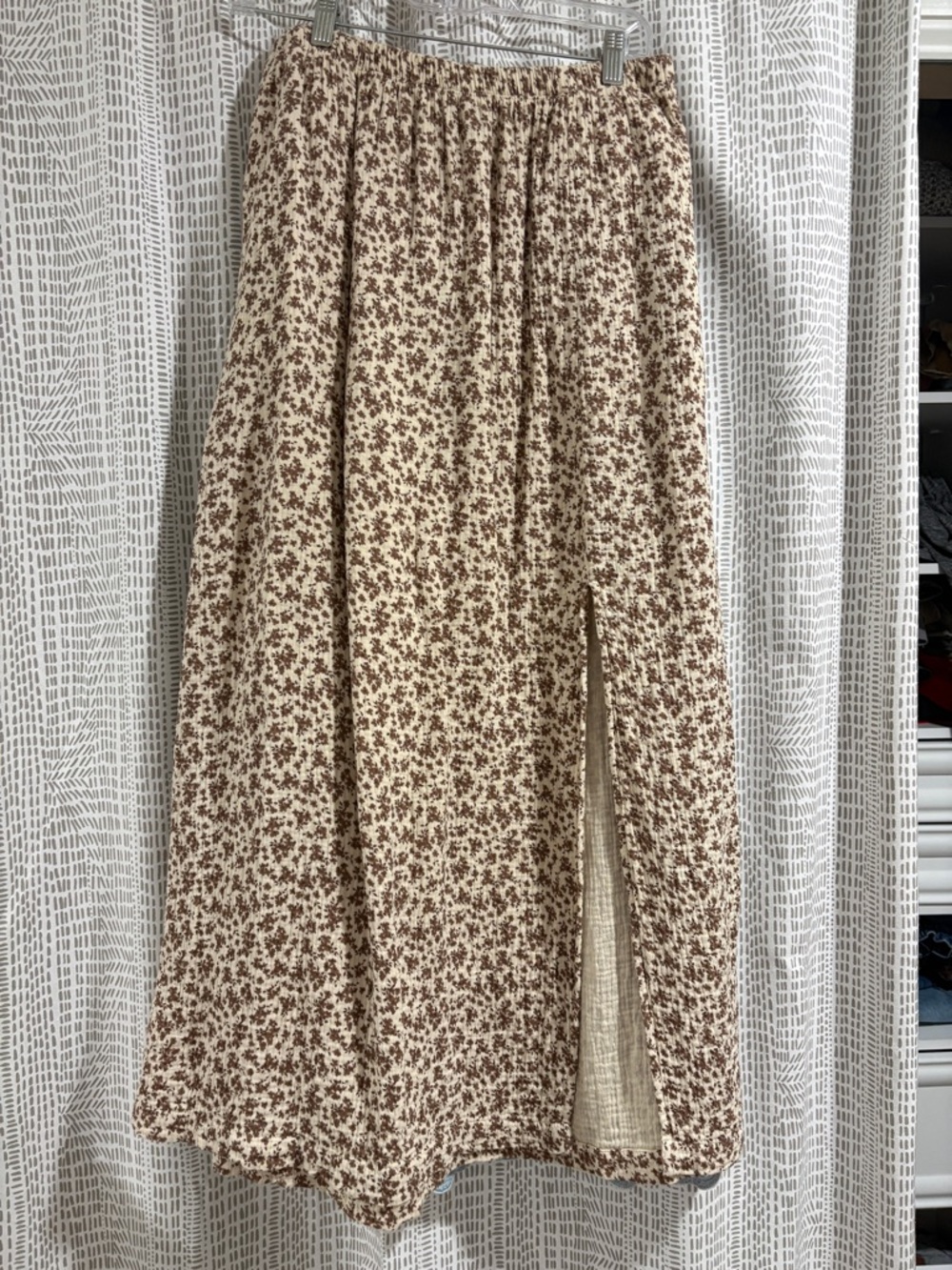 UpWest Cream and Brown Floral Maxi Skirt with Side Slit